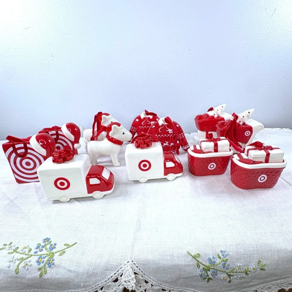 Target Ceramic Christmas Ornaments 12pc Set Red White Dog